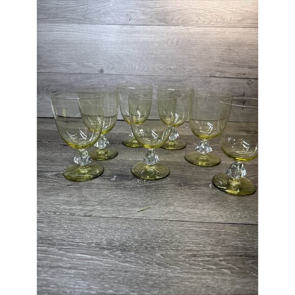 VTG Bryce Golden Yellow 5.75”Aquarius Stemware Glasses w/ Diamond Stems~Set Of 7